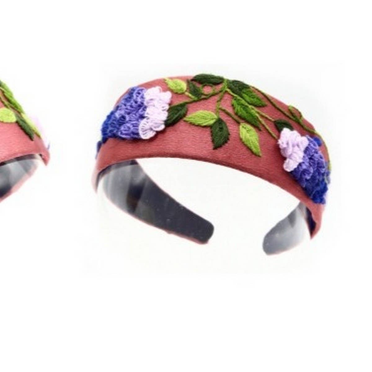 Embroidered Purple Vine Headband with Floral Art
