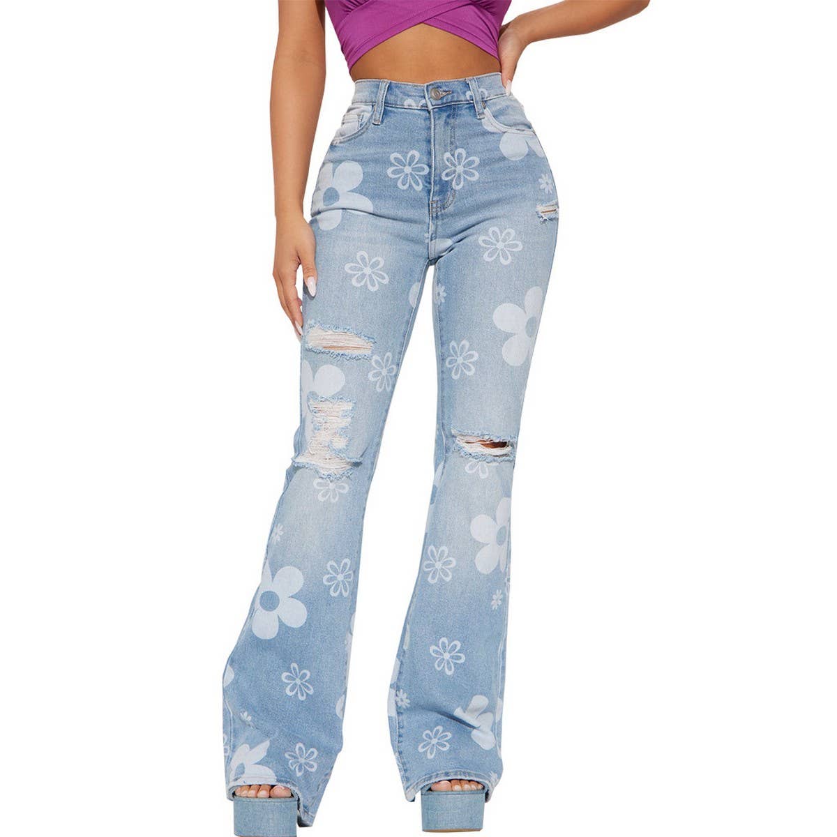 FLOWER PRINTED DENIM SLIM FLARED PANTS_CWJP0091