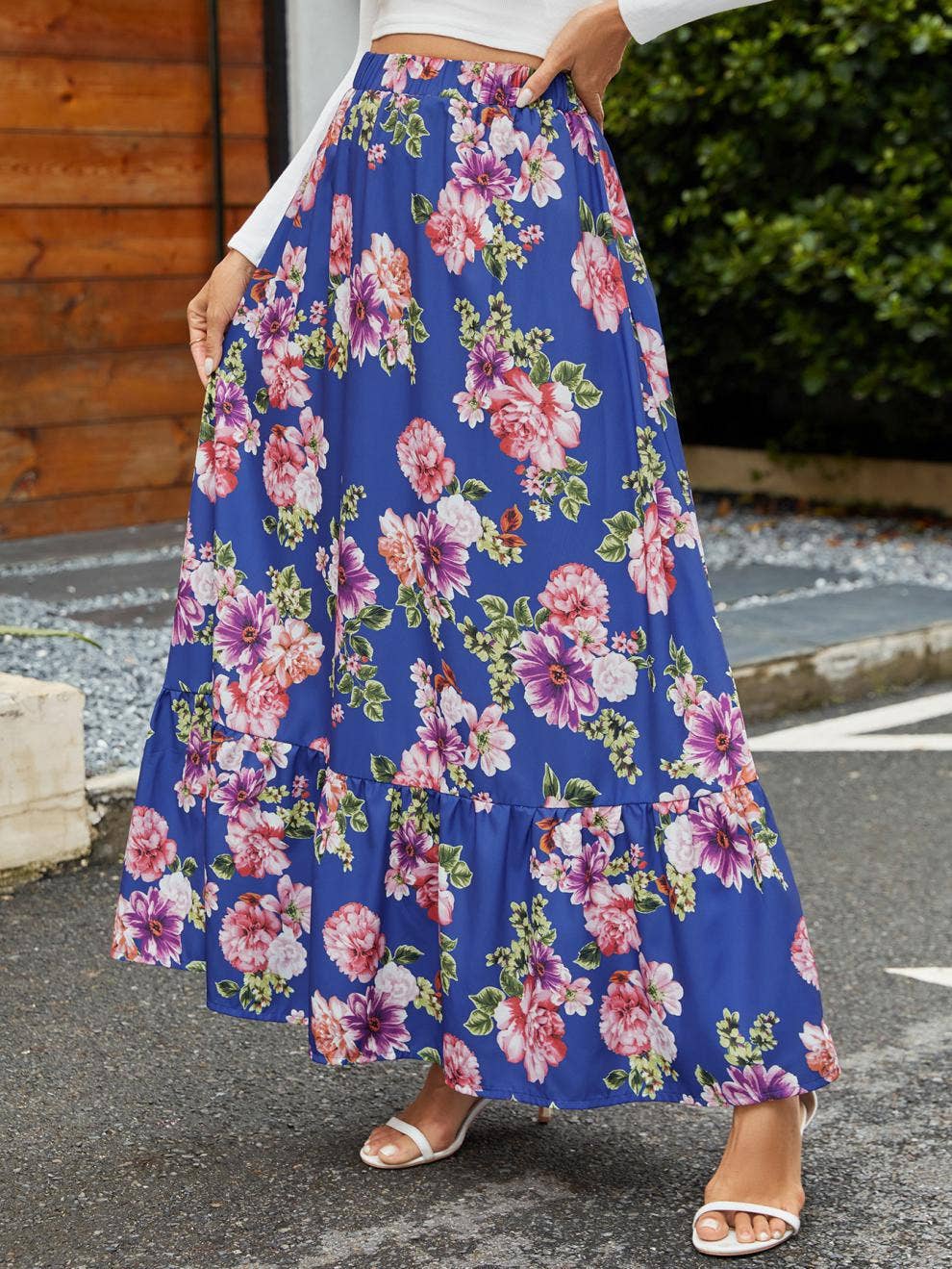 A long skirt with a high waist and ruffled hem