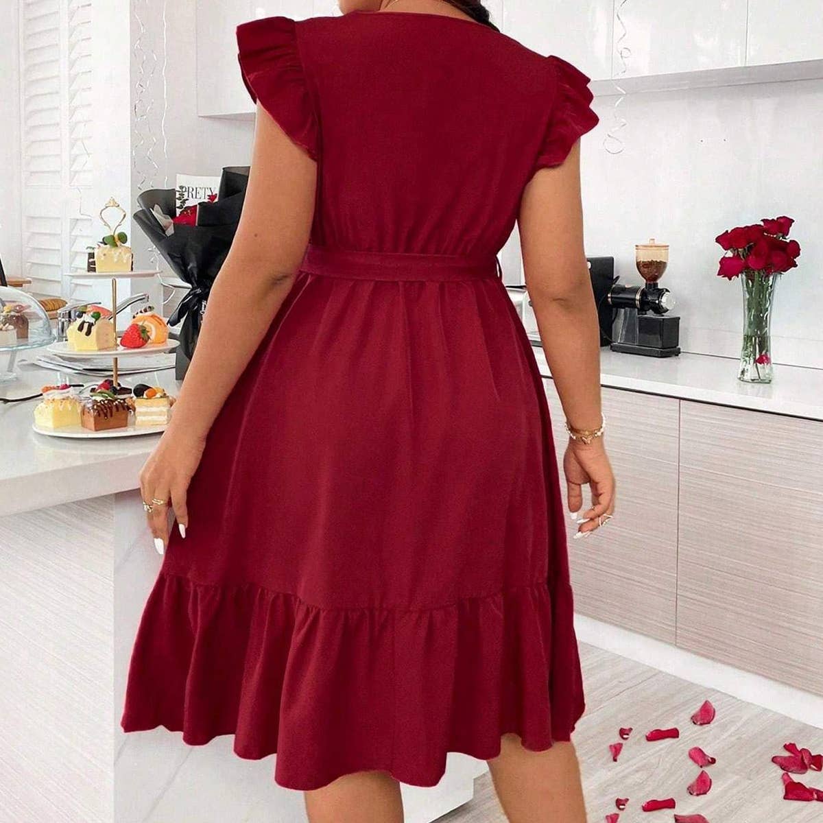 LACE UP WAIST RUFFLED EDGE DRESS