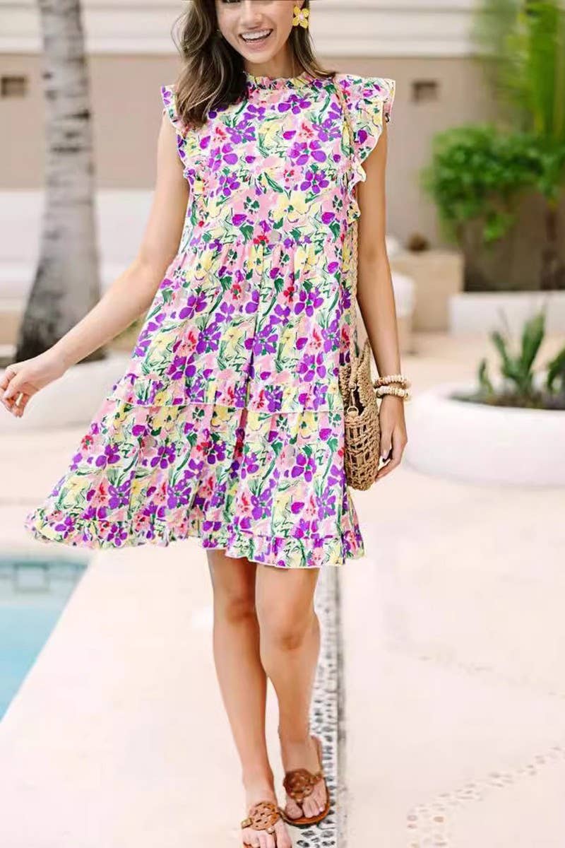 CWDSD6591_PRINTED FUNGUS COLLAR RUFFLE CAKE DRESS