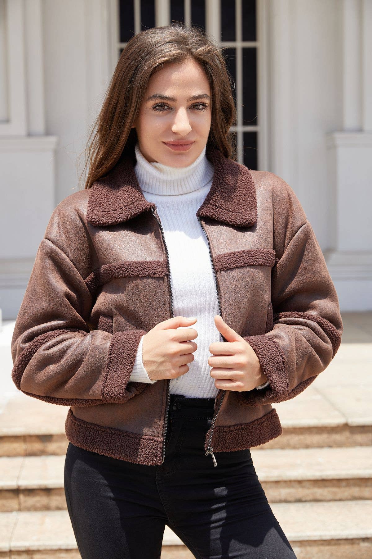 STYLISH WARM FUR COAT WITH FLEECE LAPEL