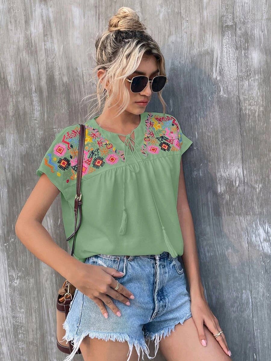 EMBROIDERED TASSEL TIED COLLAR BLOUSE