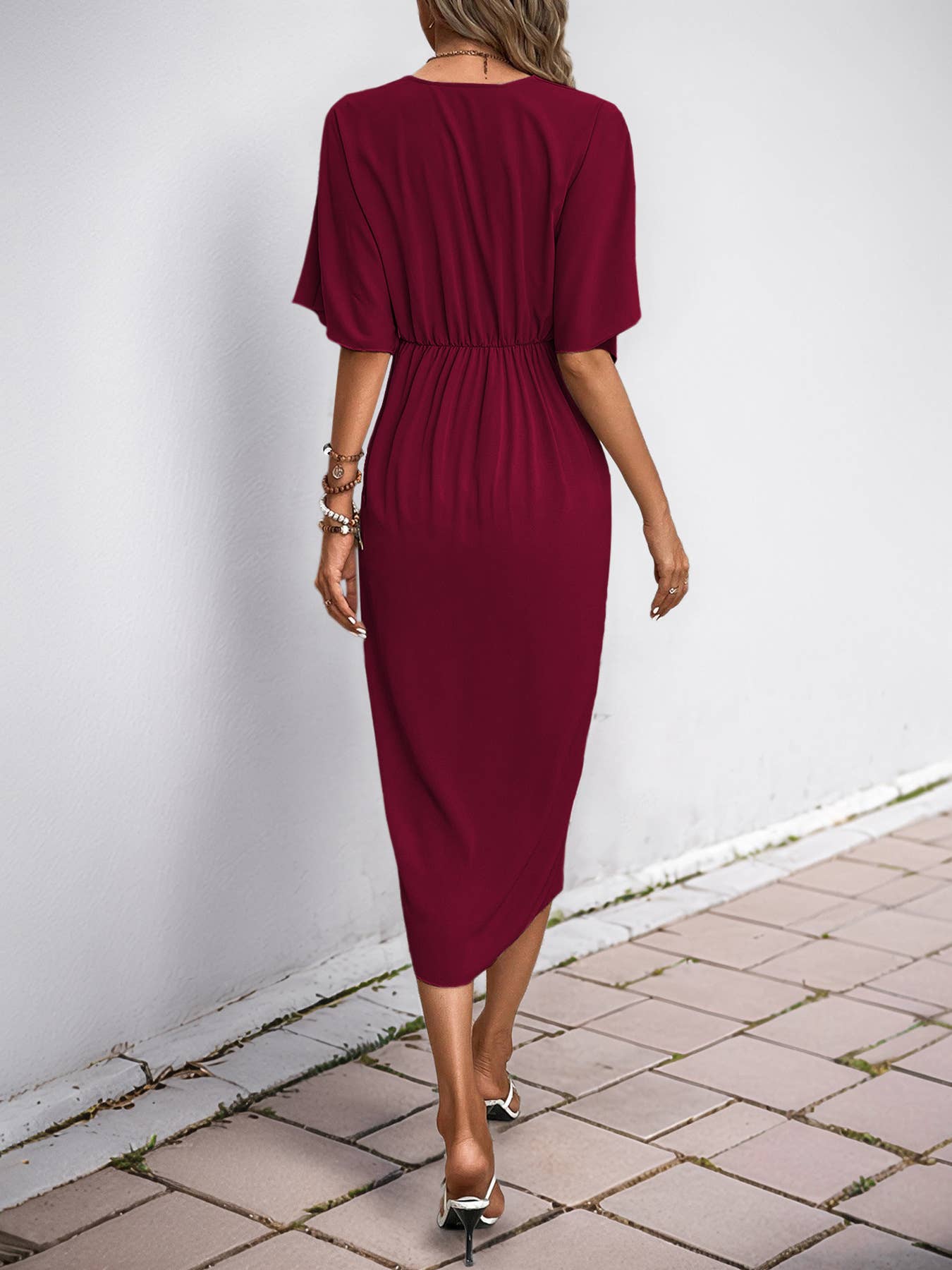 Solid color irregular waist slit mid-length dress