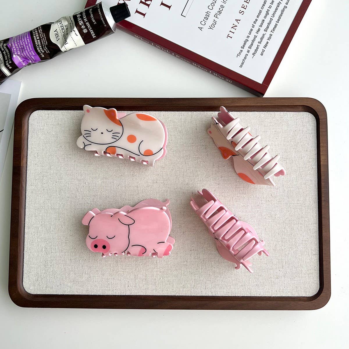 Pink Pig & Cat Acetate Hair Claw Clip for Girls_CWAHA5974
