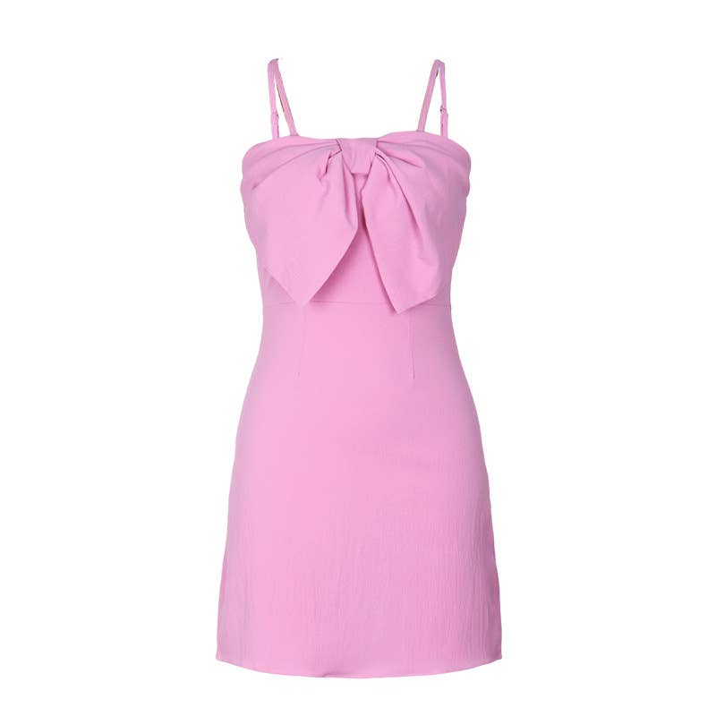 Solid color slim short dress with ribbon bow