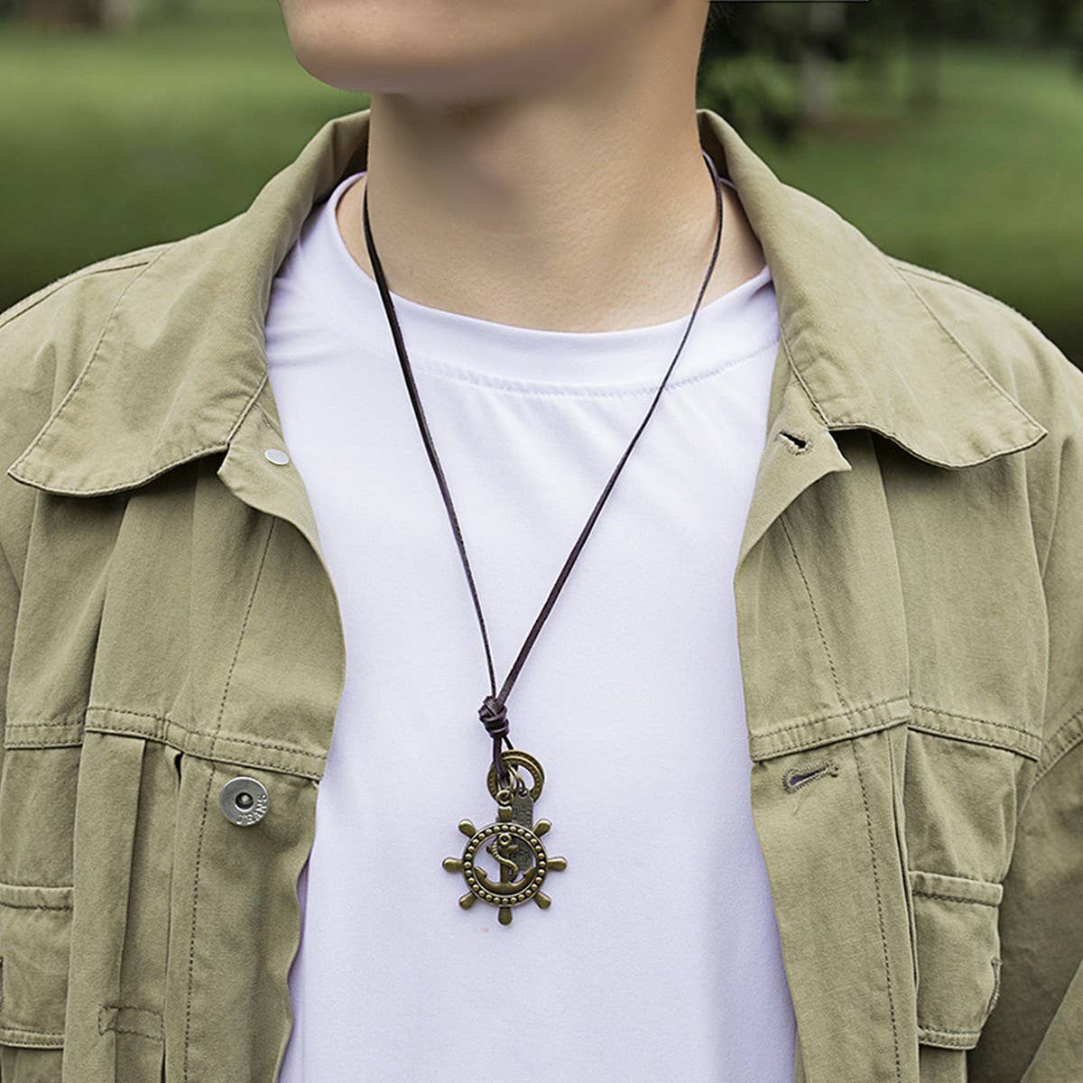 ADJUSTABLE VINTAGE RUDDER COWHIDE NECKLACE_CWMM4600