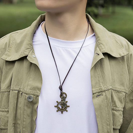 ADJUSTABLE VINTAGE RUDDER COWHIDE NECKLACE_CWMM4600