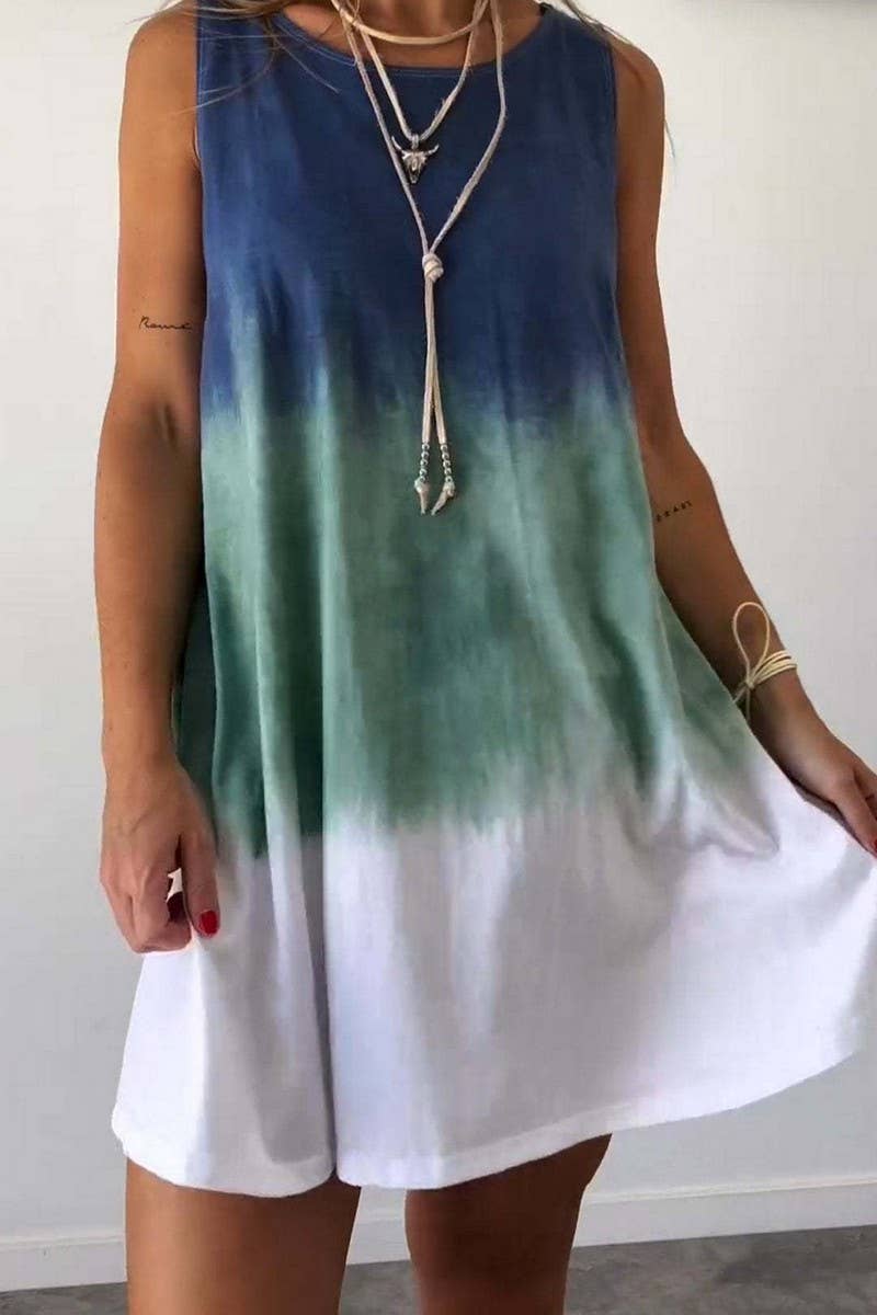 CWDSD8851_FASHION TIE-DYE SLEEVELESS SIMPLE HOLIDAY DRESS