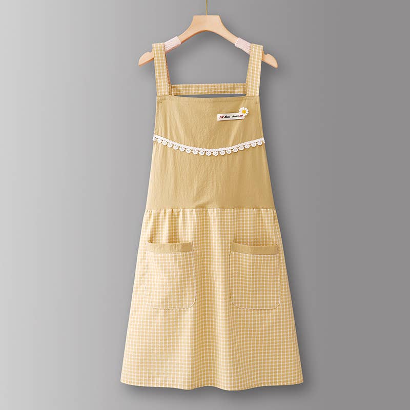 Cotton Striped Grid Kitchen Apron with Pocket
