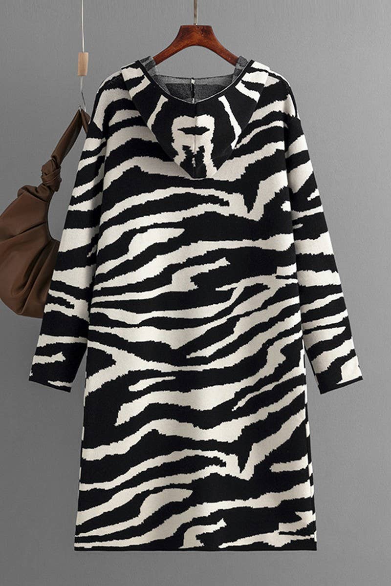 CWOCAL00679_V NECK HOODED ZEBRA PRINT LONG CARDIGAN