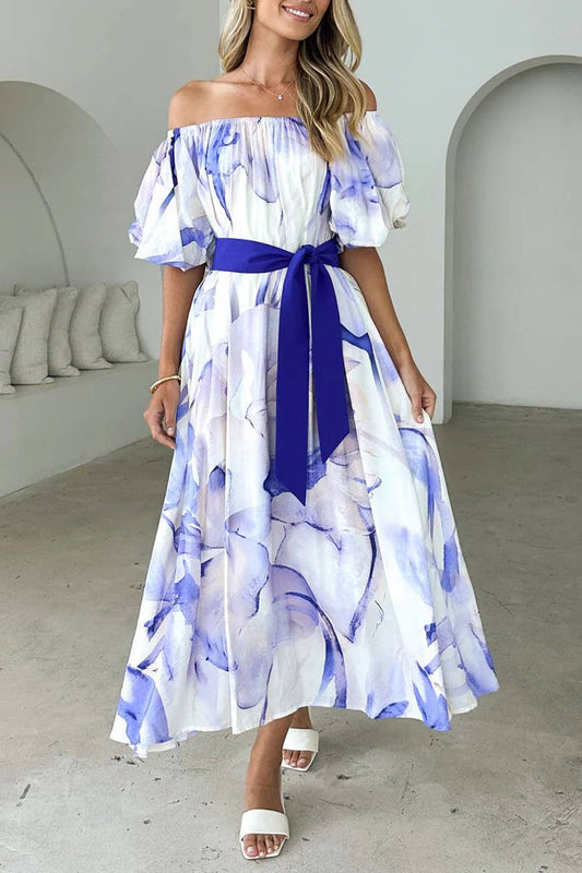 CWDMD5899_ELEGANT OFF-SHOULDER WAISTED PUFF SLEEVE DRESS