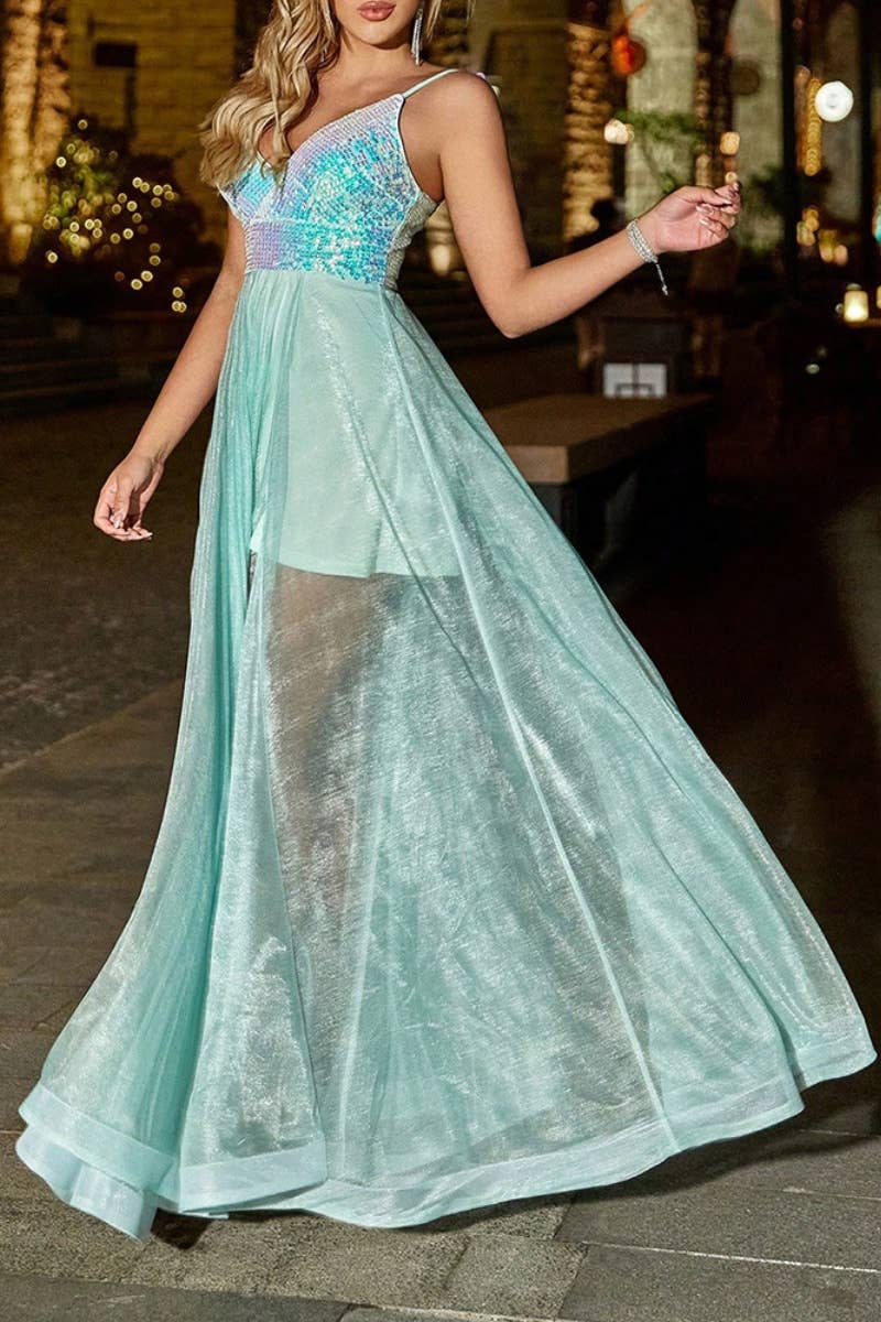 CWDMD2528_V-NECK SEQUIN MESH SEE-THROUGH DRESS LONG