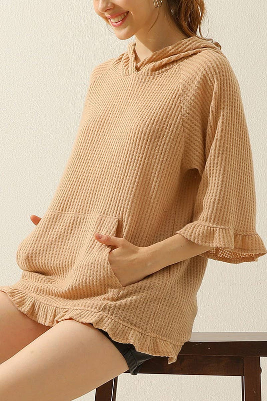 CWOHOL427_HOODED 3/4 RUFFLED SLEEVE KNIT SWEATER WITH POCKET