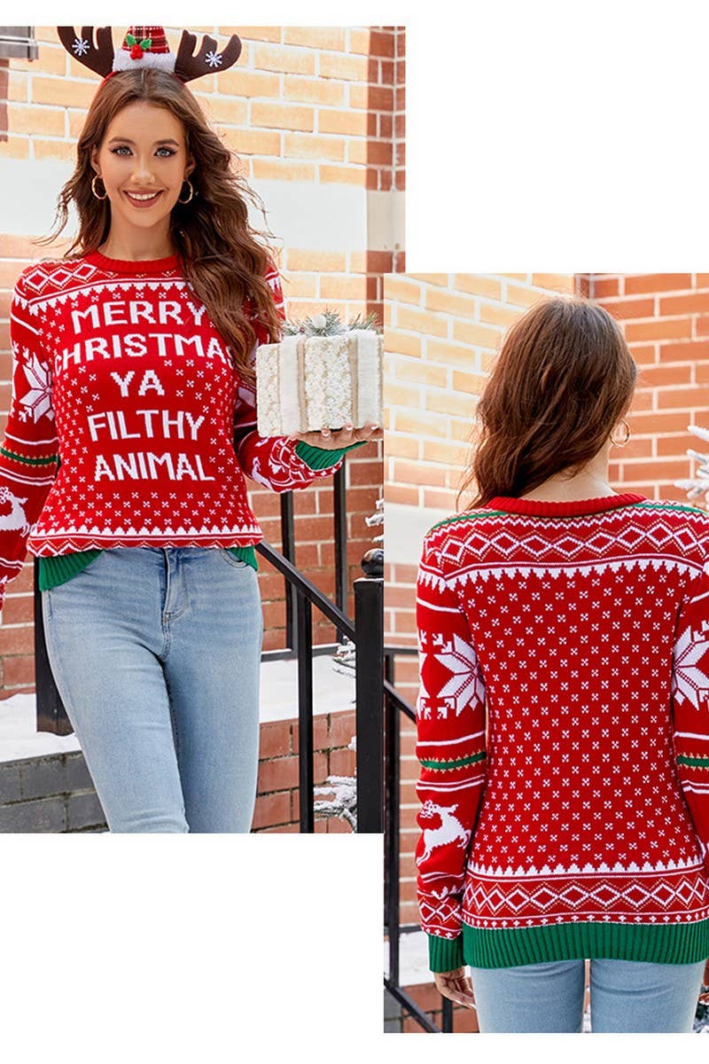 CWOSWL07297_CASUAL CHRISTMAS TREE EMBROIDERED KNIT SWEATER