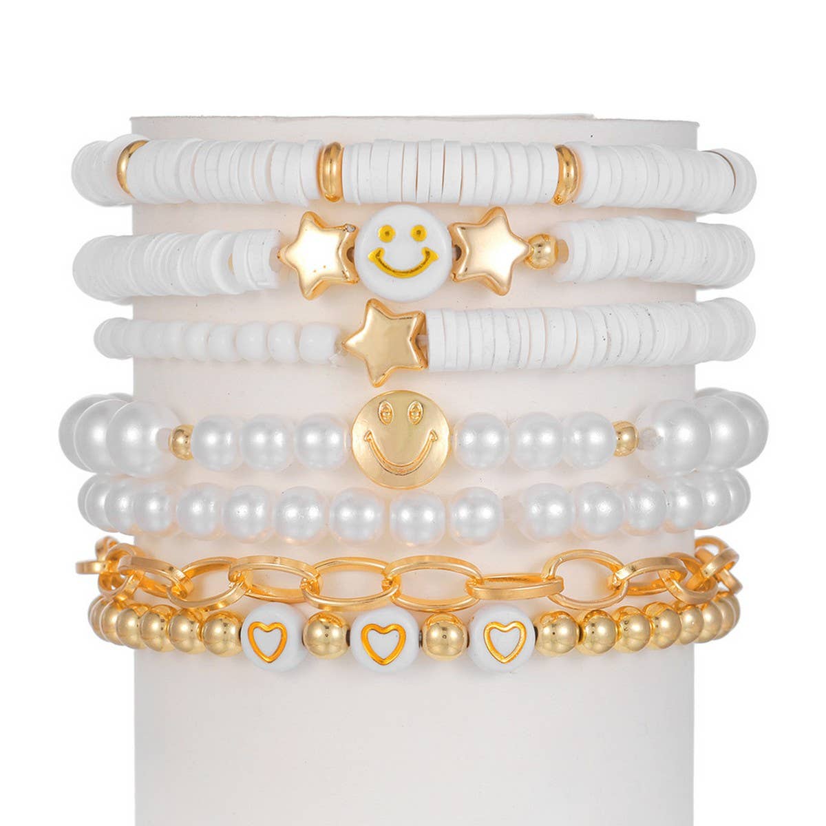 WHITE POLYMER CLAY STAR SMILEY FACE BRACELET SET