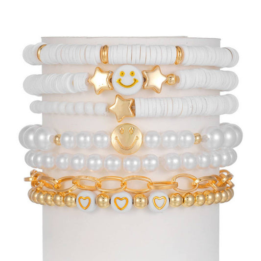 WHITE POLYMER CLAY STAR SMILEY FACE BRACELET SET