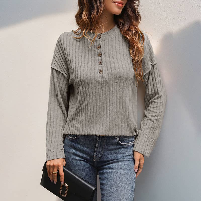 Solid-color button round-neck striped T-shirt