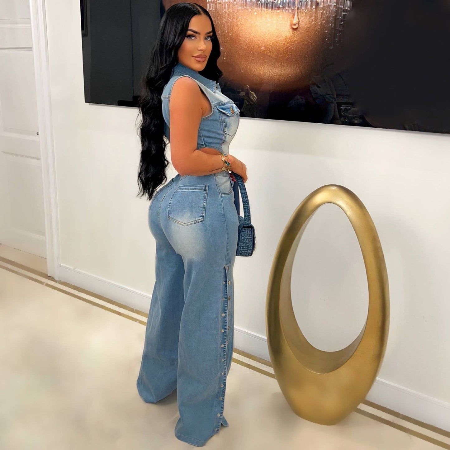 TIGHT WAIST SLIM STRETCH WASH DENIM JUMPSUIT