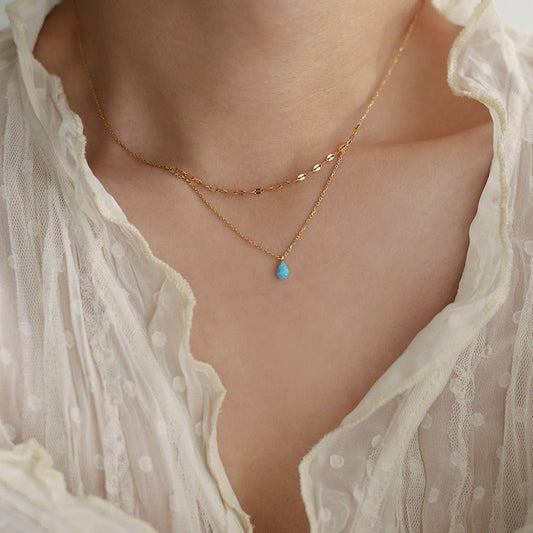 BLUE TEARDROP GLITTER DOUBLE LAYER NECKLACE_CWAJE1579
