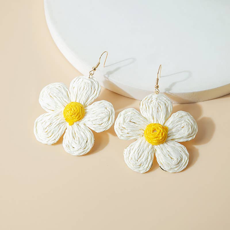 Woven raffia grass exaggerated flower earrings
