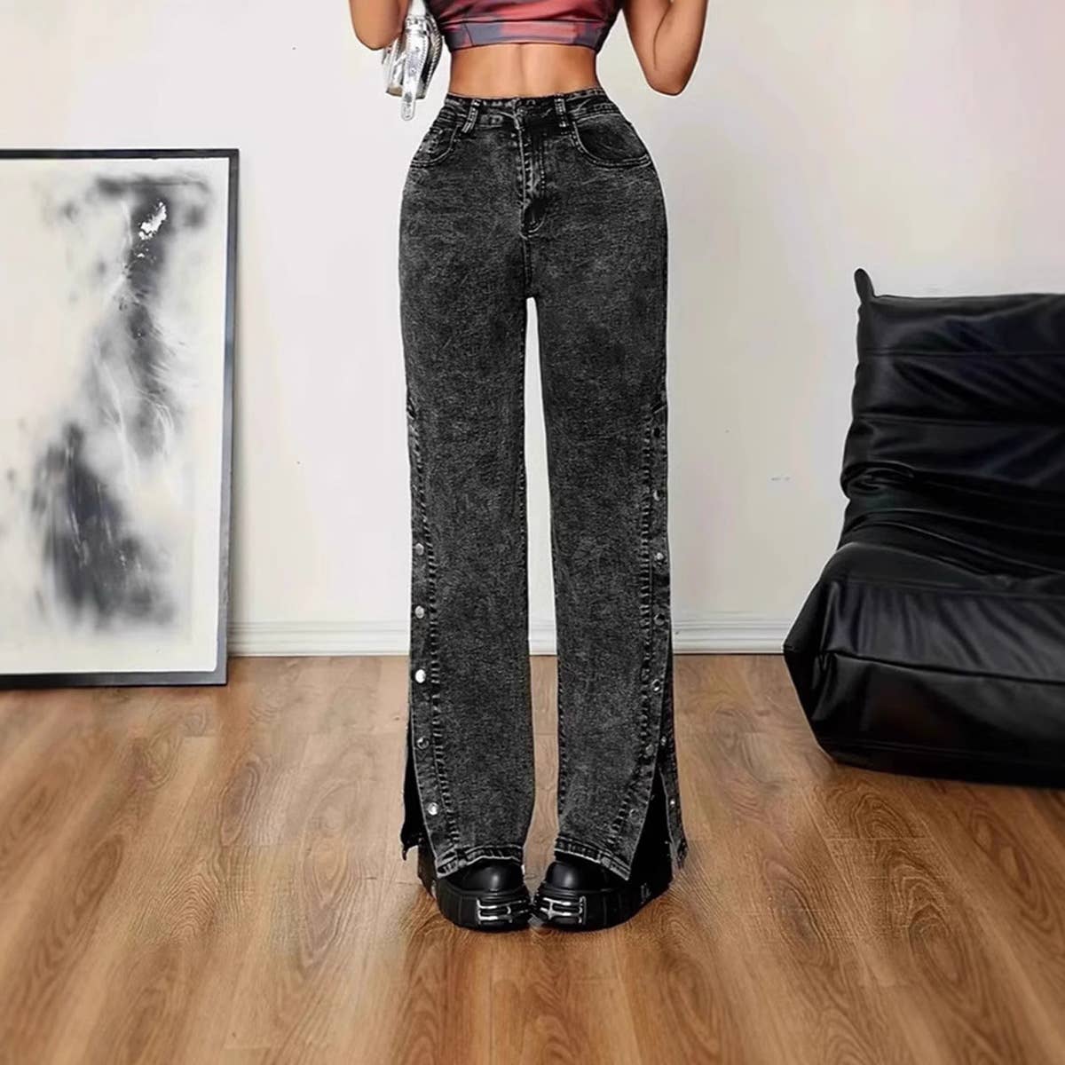 Washed aged loose casual straight-leg pants