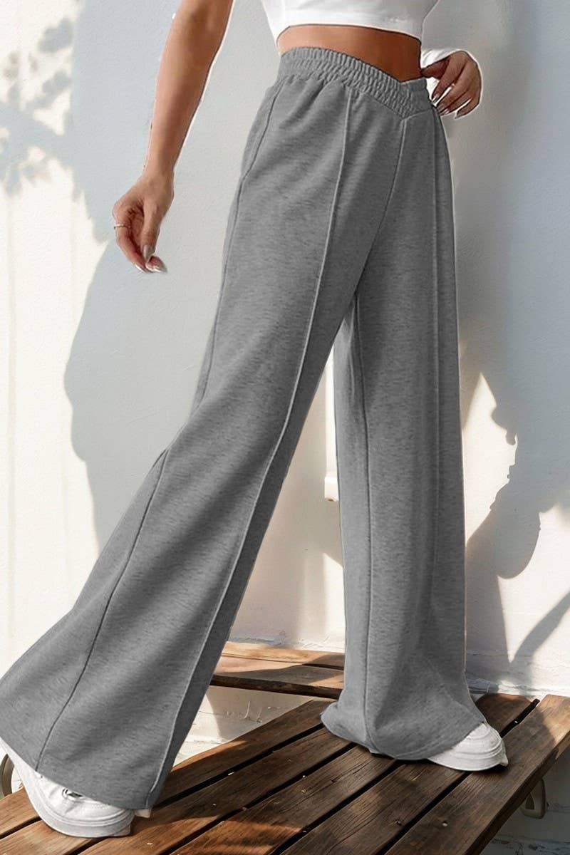 CWBLP1356_CASUAL ELASTIC V-NECK HIGH WAIST WIDE LEG PANTS