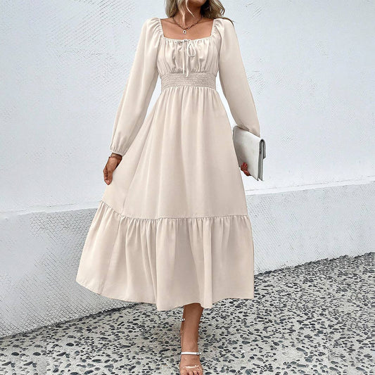 LONG SLEEVED SQUARE COLLAR STYLE SWING MAXI DRESS_CWDMD1413