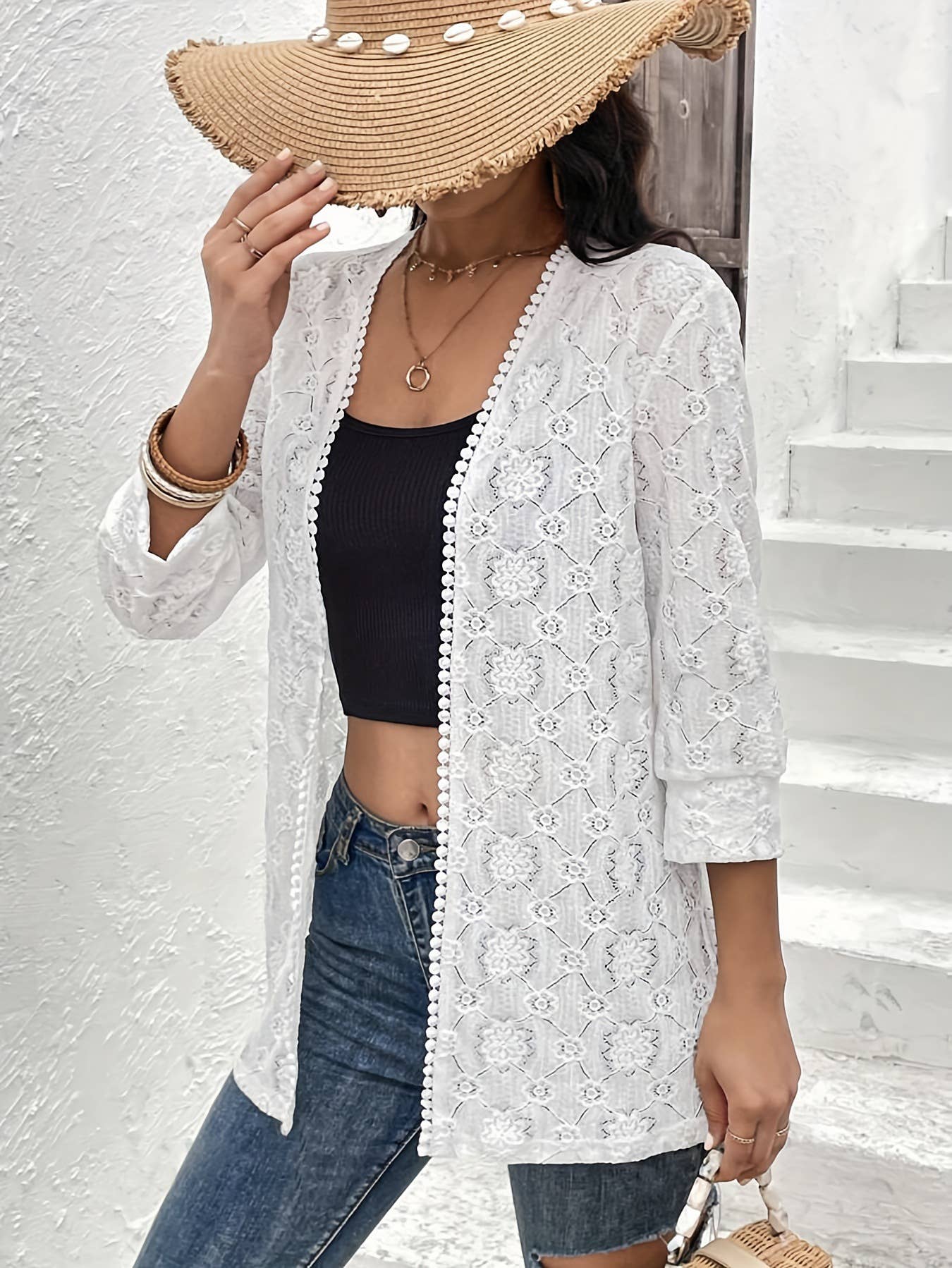 Elegant solid-color lace patchwork cardigan