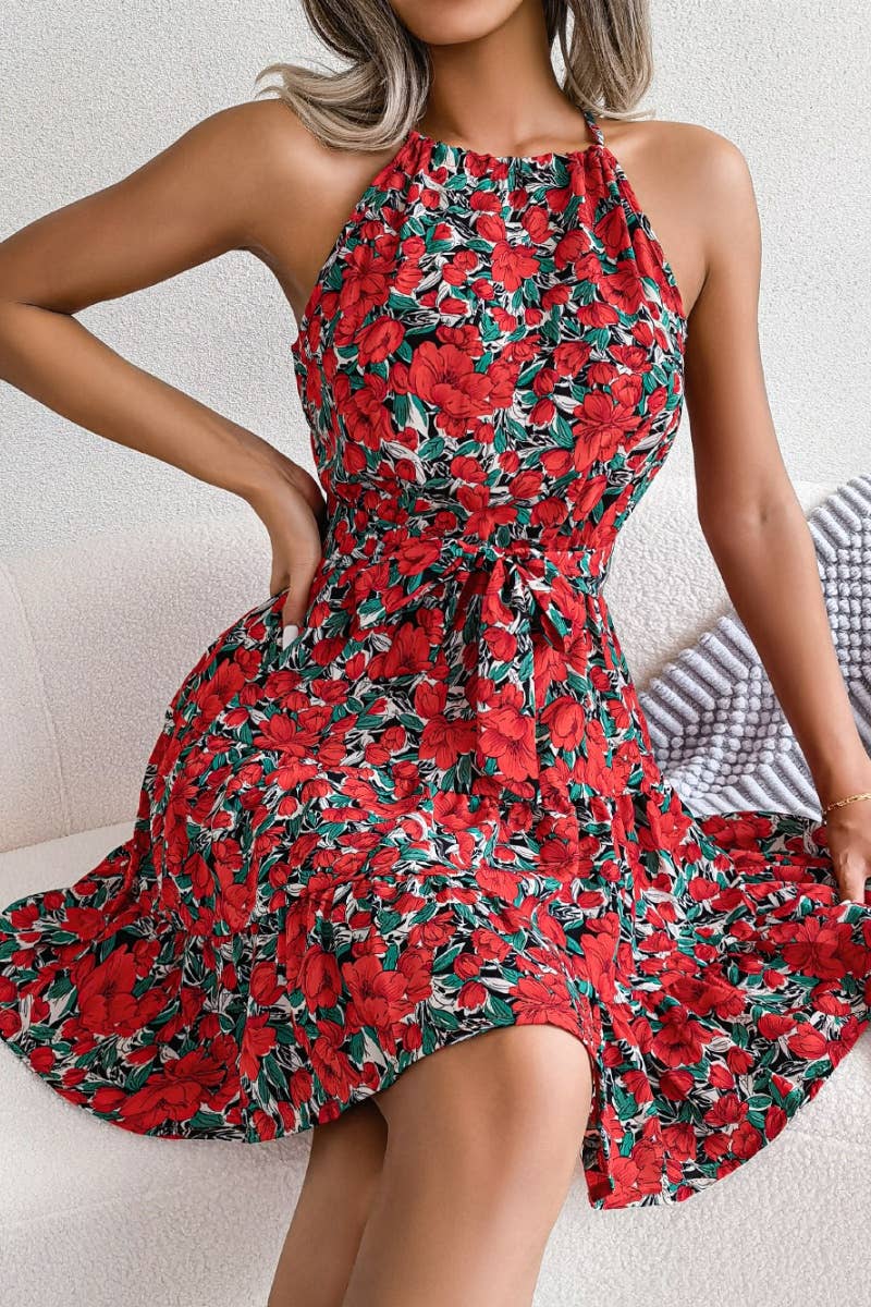 CWDSD4681_SUMMER CASUAL RUFFLED FLORAL SWING DRESS SHORT