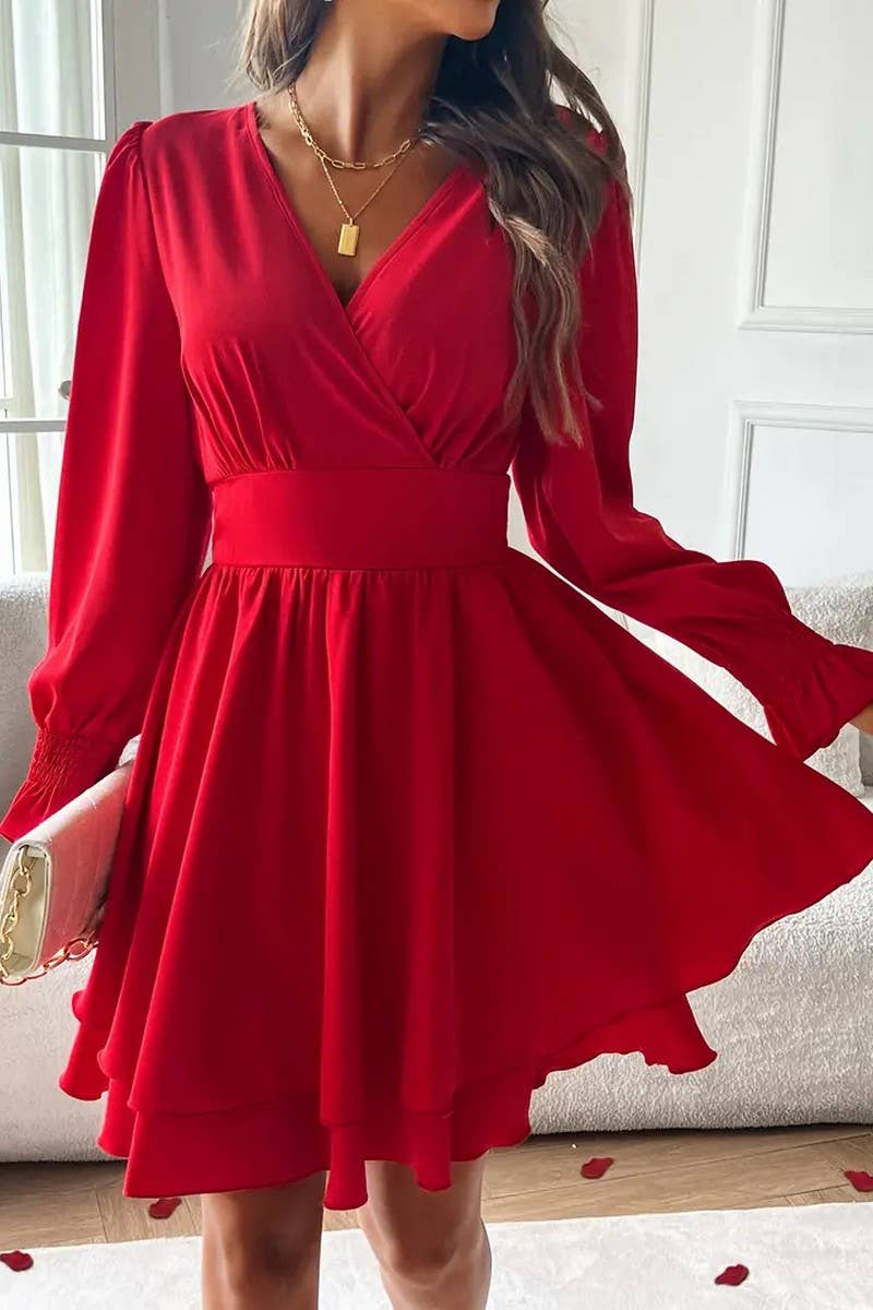 CWDSD8566_SOLID DOUBLE LAYER HEM V-NECK WAIST DRESS