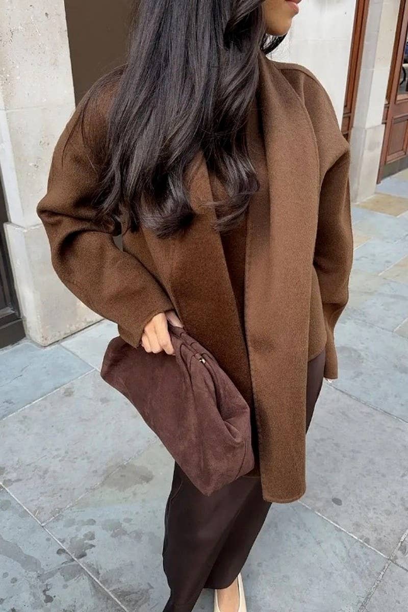 CWOCO1073_SCARF COLLAR LONG SLEEVE LOOSE CASUAL COAT