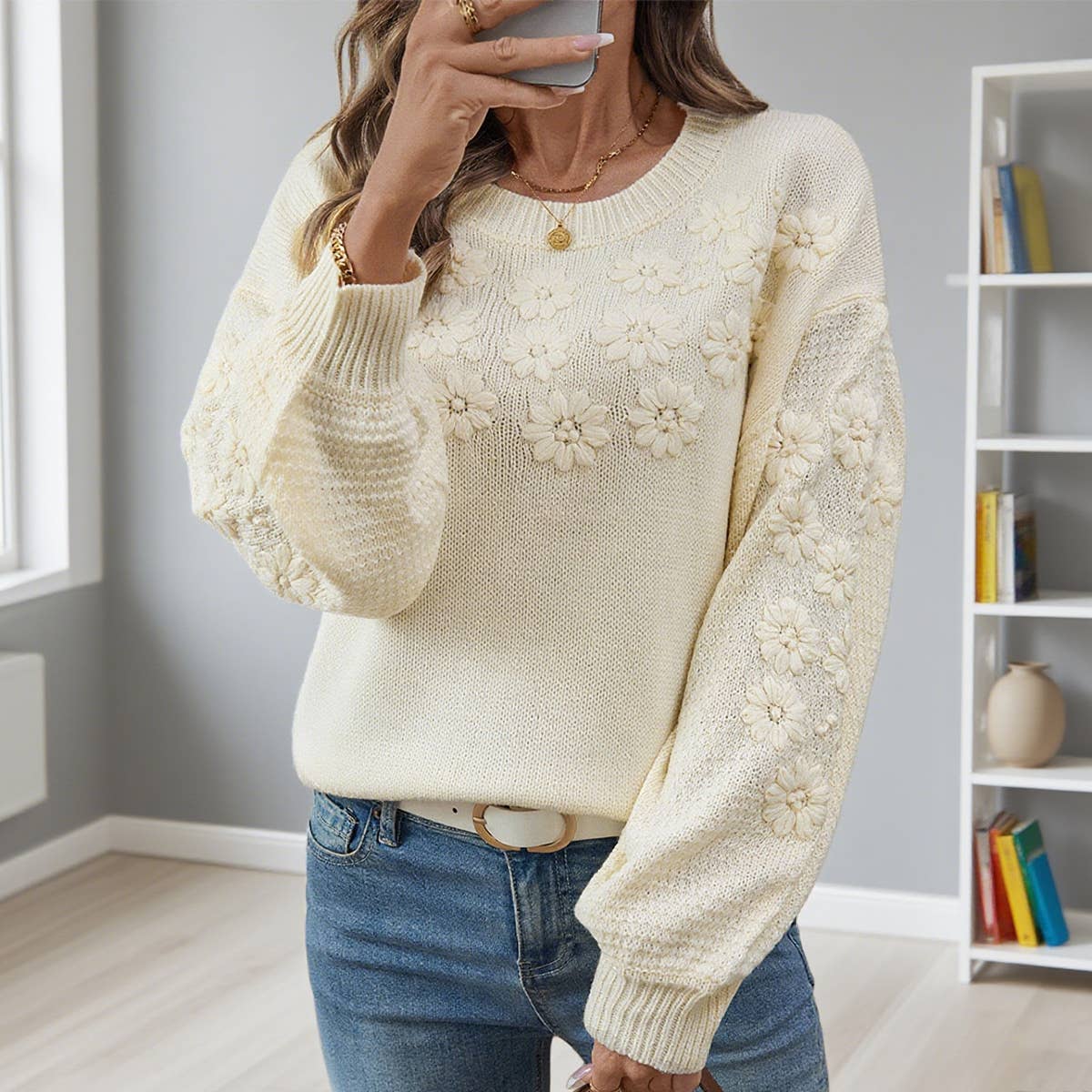 Three-dimensional Daisy heavy embroidery sweater