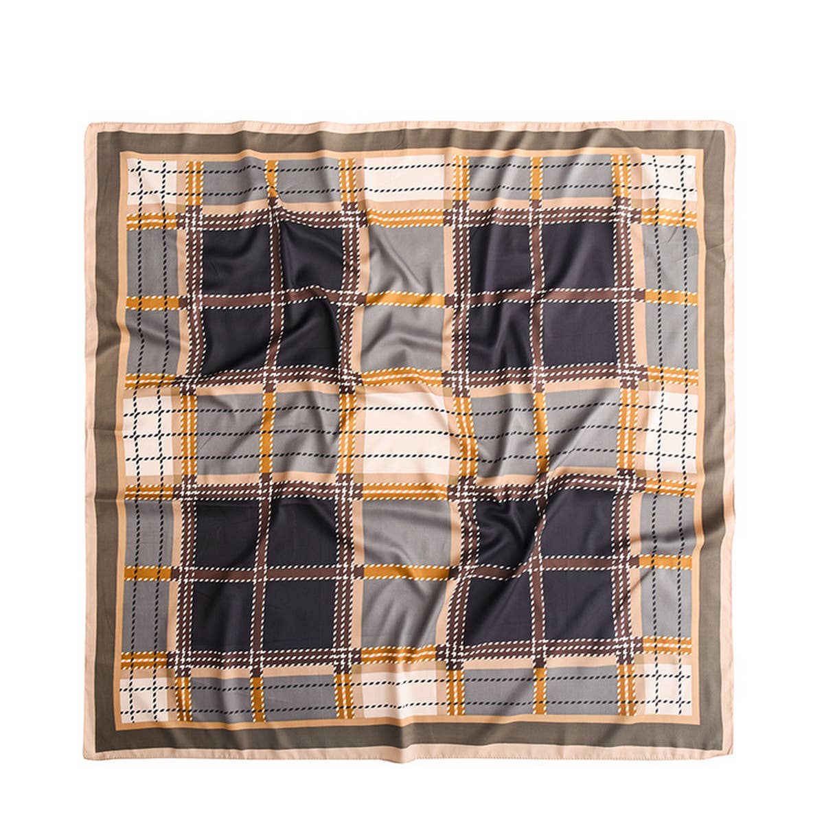 CWASC2406_DARK PLAID SQUARE SCARF BLACK AND GOLD SILK SCARF