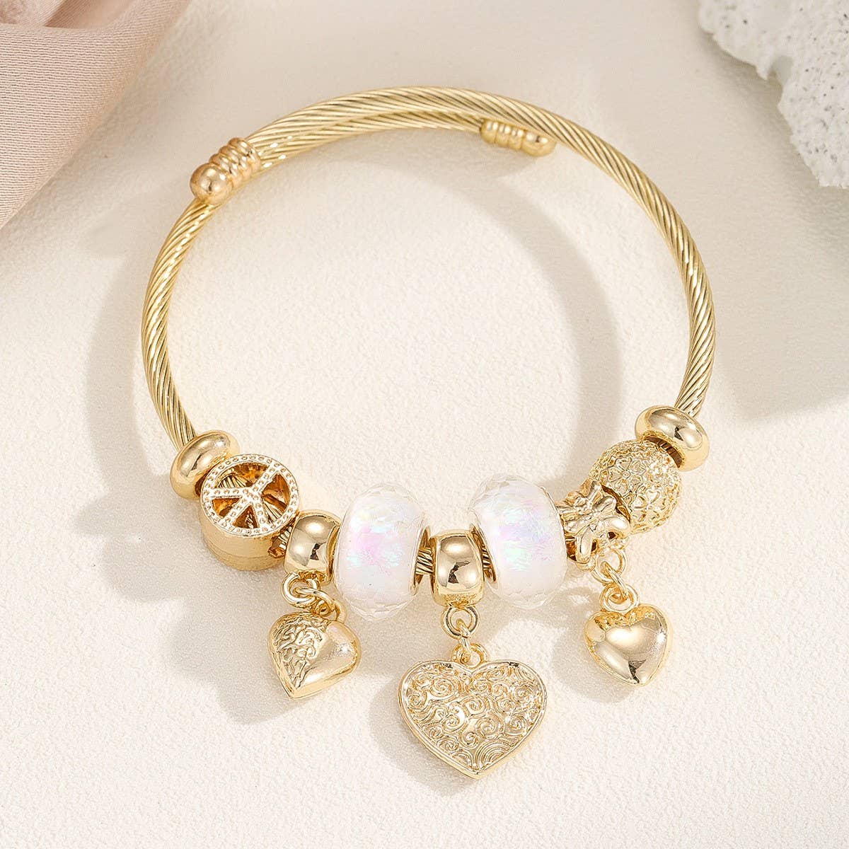 Gold Steel Bracelet with Bear & Heart Charms