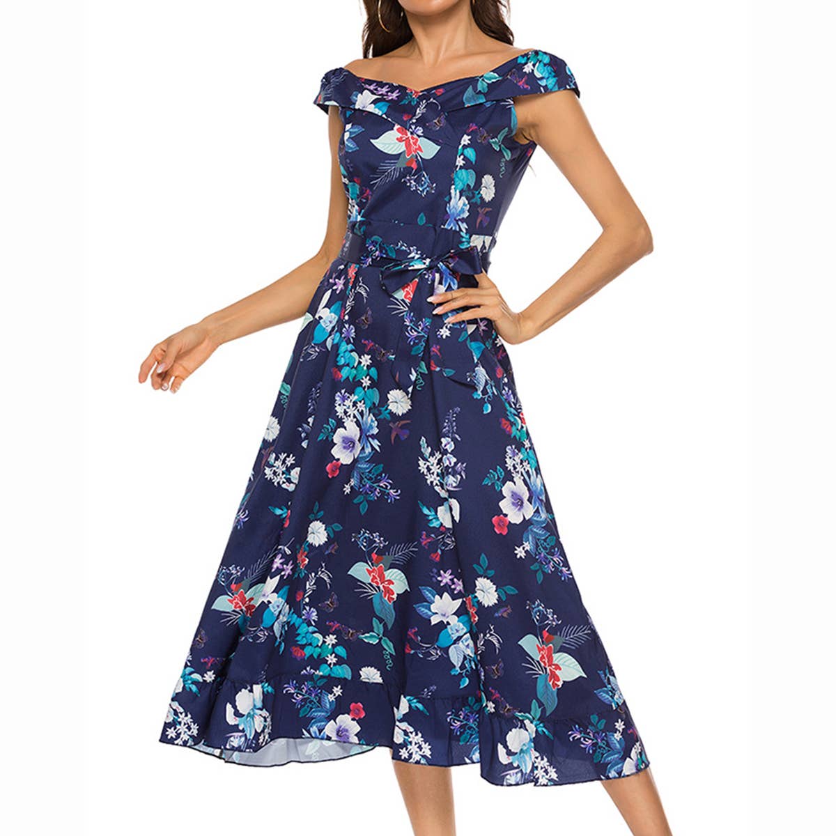 Off Shoulder Tie Waist Printed Maxi Dress