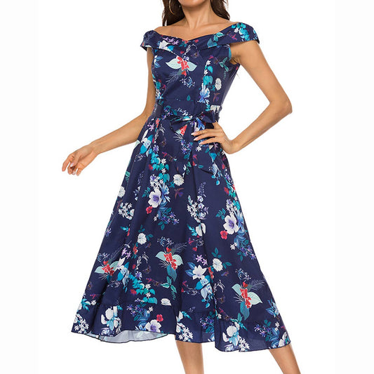 Off Shoulder Tie Waist Printed Maxi Dress