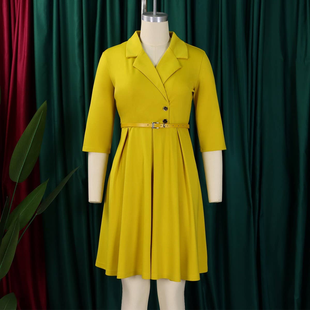 SOLID COLOR SUIT COLLAR HIGH WAIST DRESS_CWDSD6065