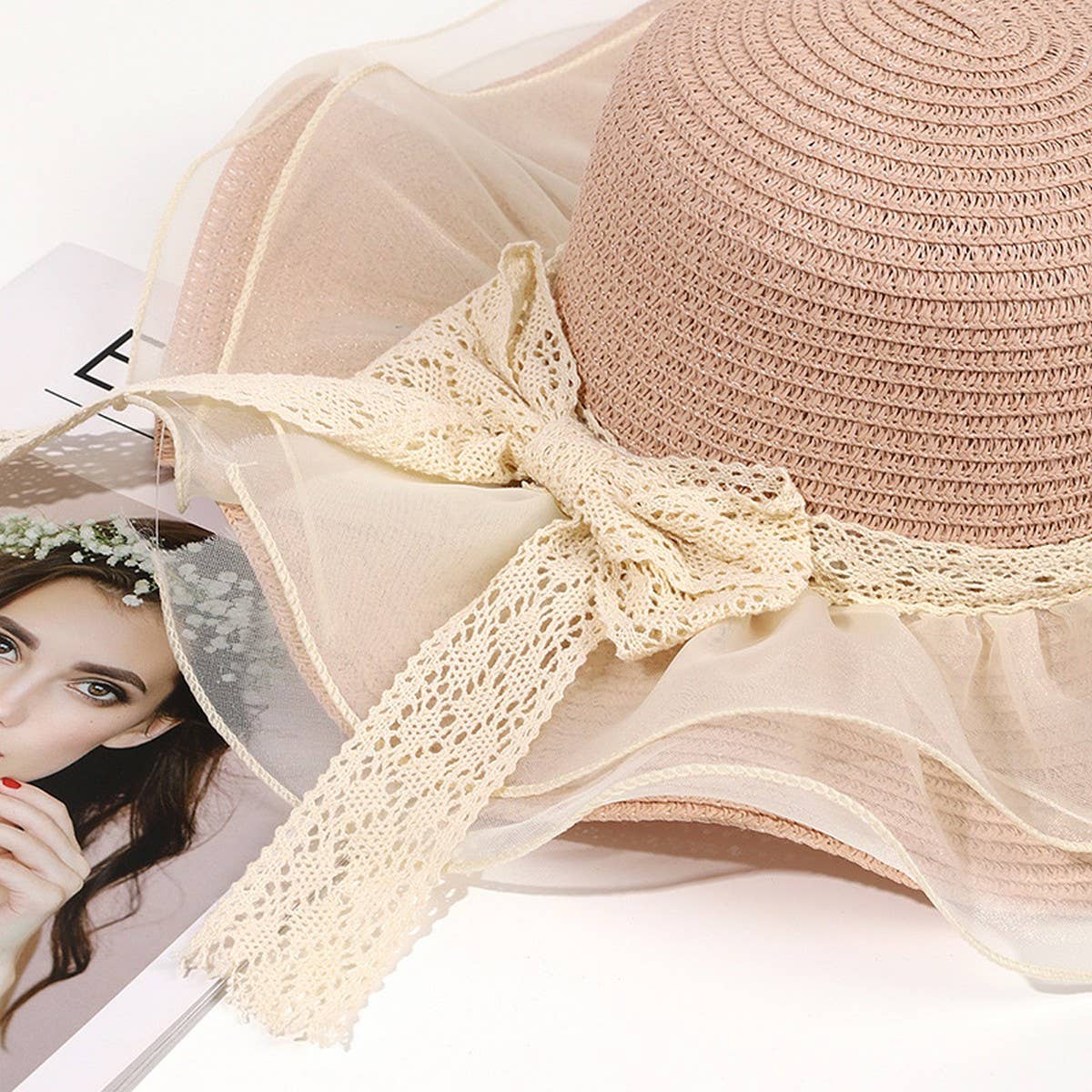 Fashion bow ribbon wide brim straw hat_CWAH3474