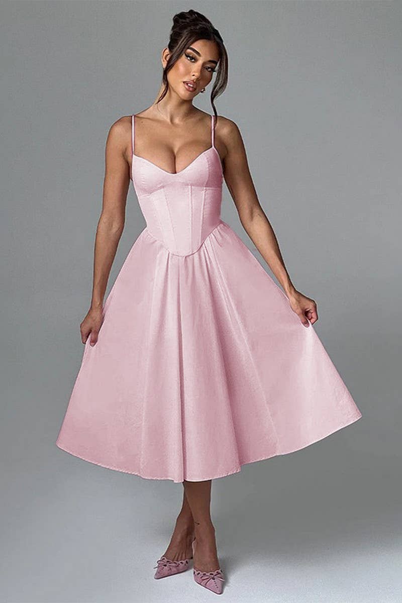 CWDMD5068_SPRING V-NECK SOLID COLOR WAIST SUSPENDER DRESS