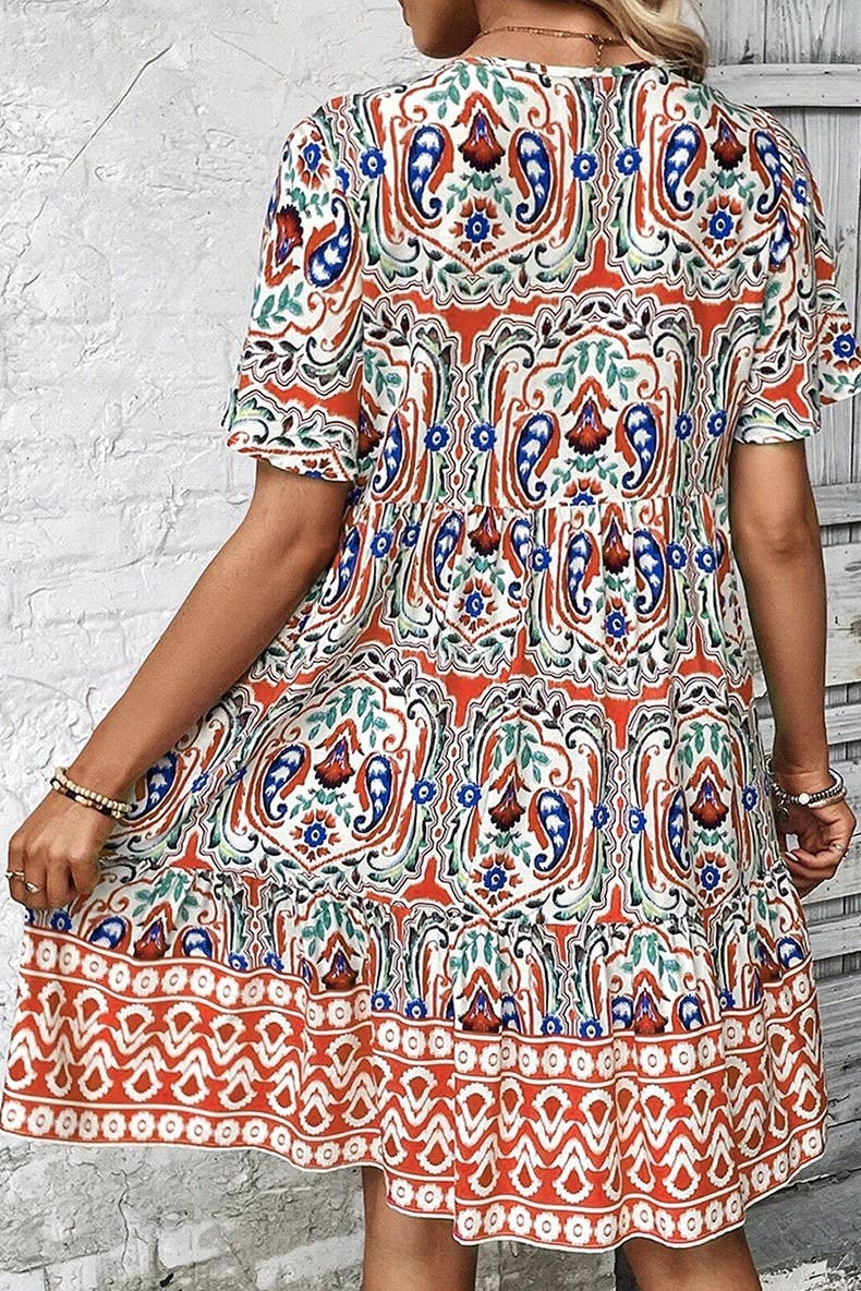 Stylish loose boho print mid-length dress