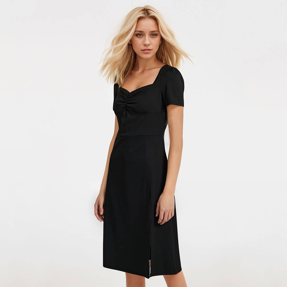 Retro square collar slim-fit pleated waist dress