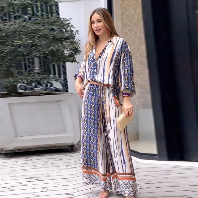 PRINTED LAPEL LONG SLEEVE STRAIGHT PANTS SUIT