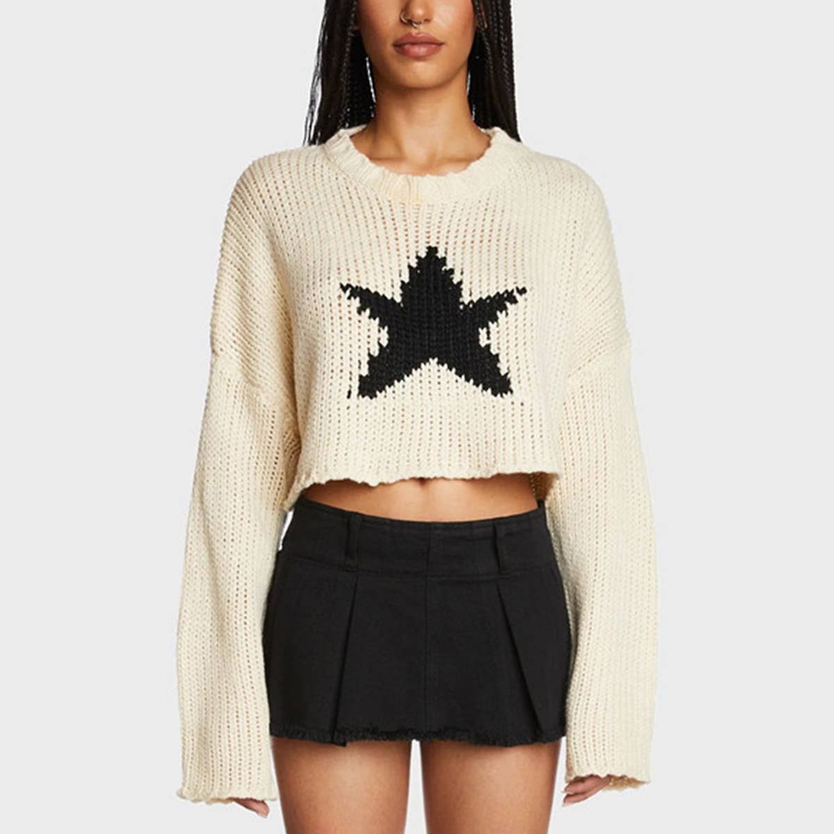 FIVE STAR PATTERN CROP NECK KNIT SWEATER