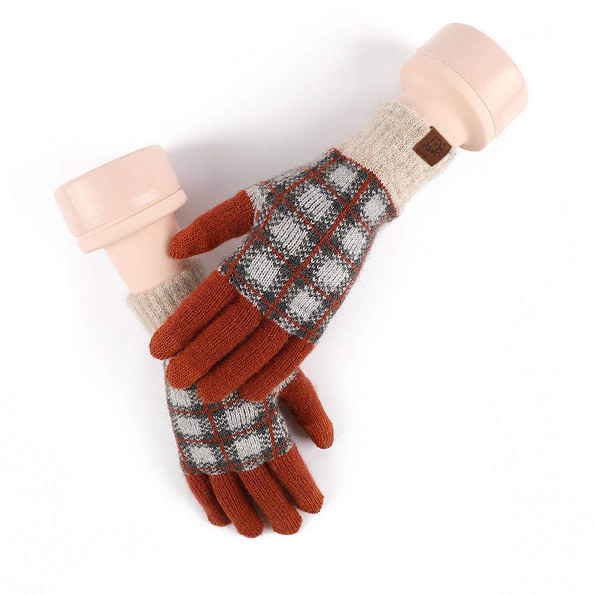 KNITTED FLEECE PLAID TOUCH SCREEN WARM GLOVES_CWAG0371