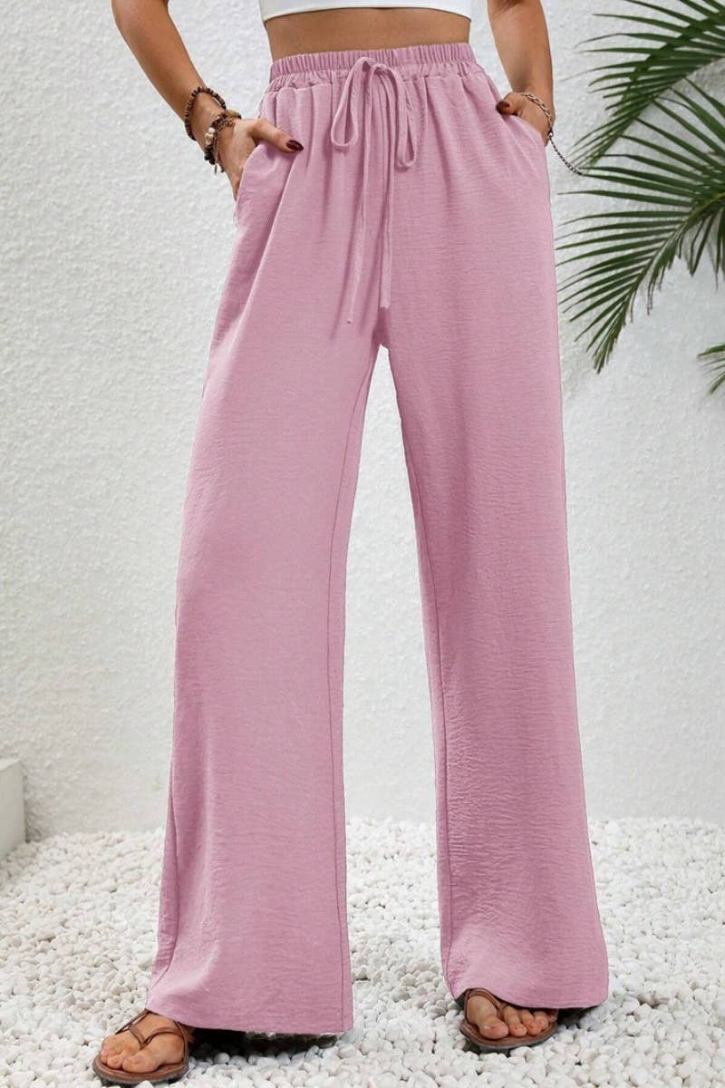 CWBMP0139_SUMMER CASUAL SOLID COLOR LACE-UP WIDE-LEG PANTS