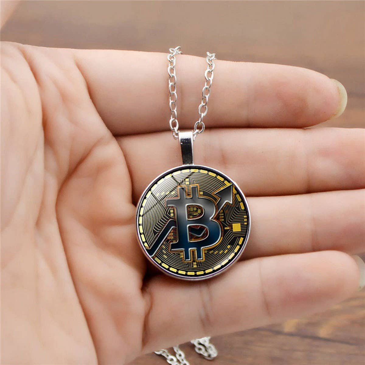 GOLD COIN BITCOIN TIME GEMSTONE PENDANT NECKLACE