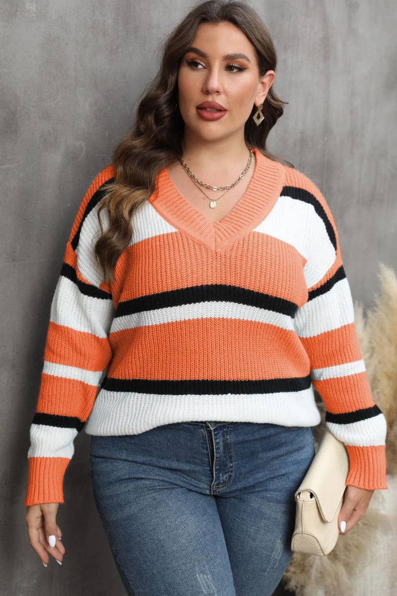 CWOSWL1583_PLUS Size V-Neck Long Sleeve Pullover Sweater