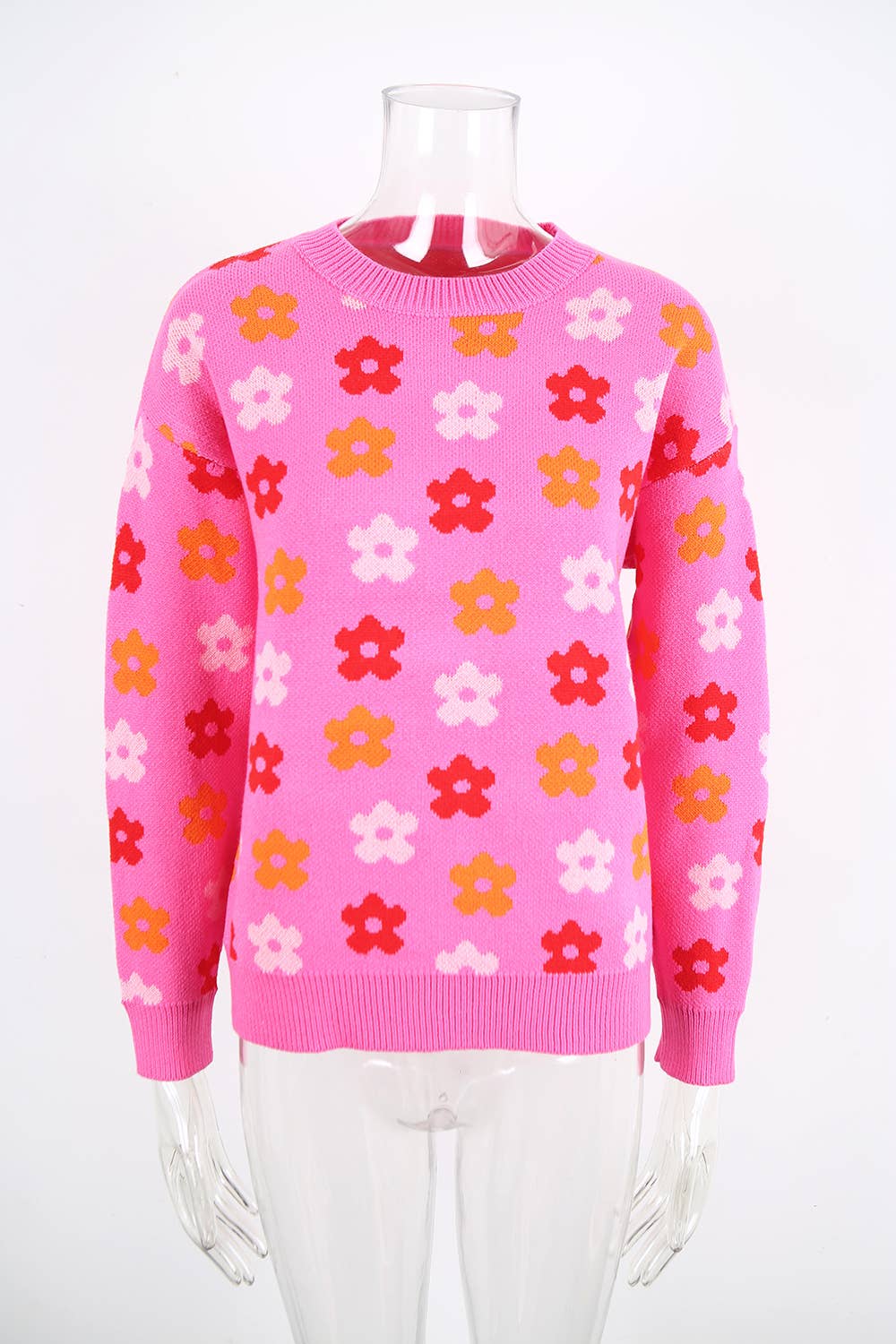 Versatile flower-printed warm threaded sweater