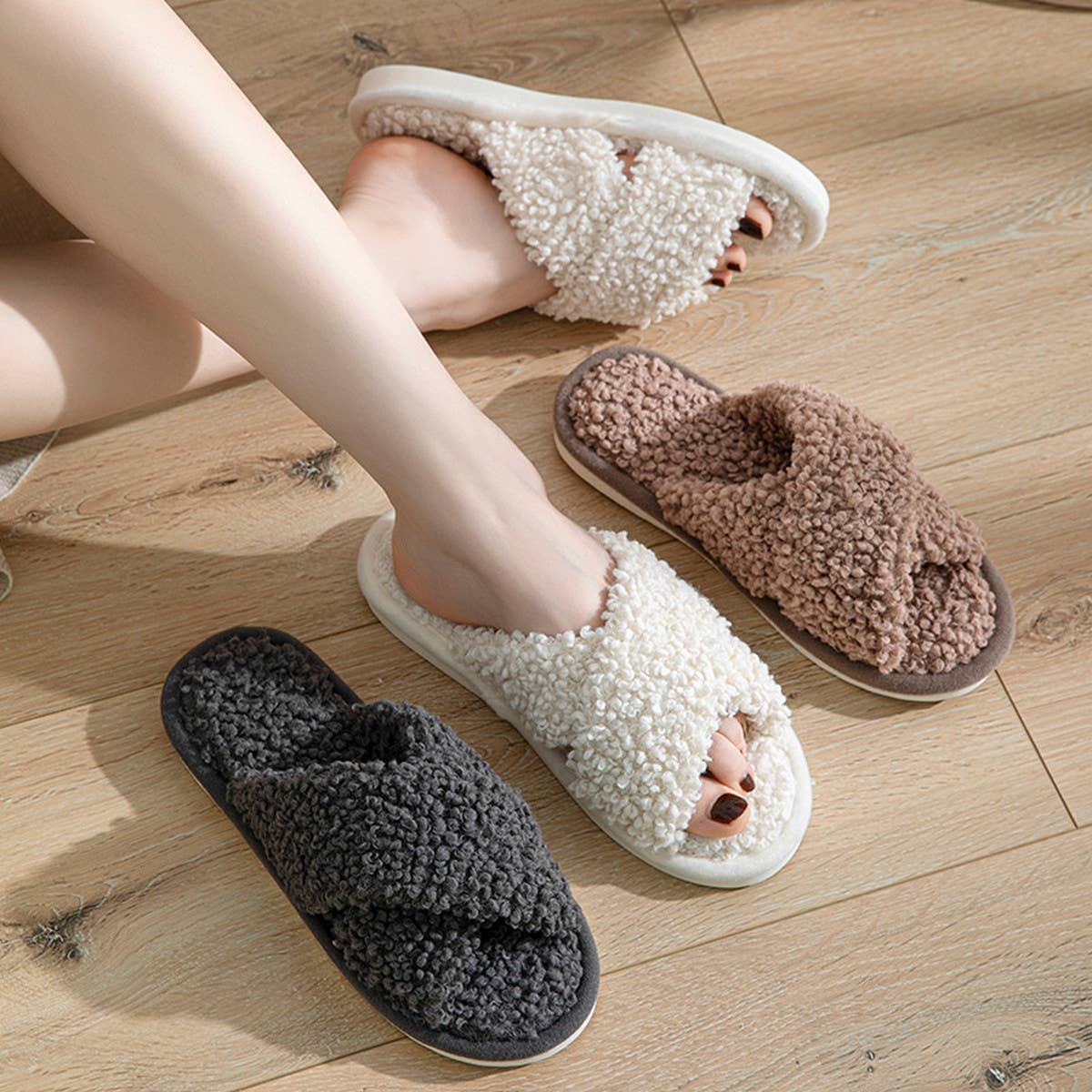 FURRY CROSS STRAP COTTON SLIPPERS